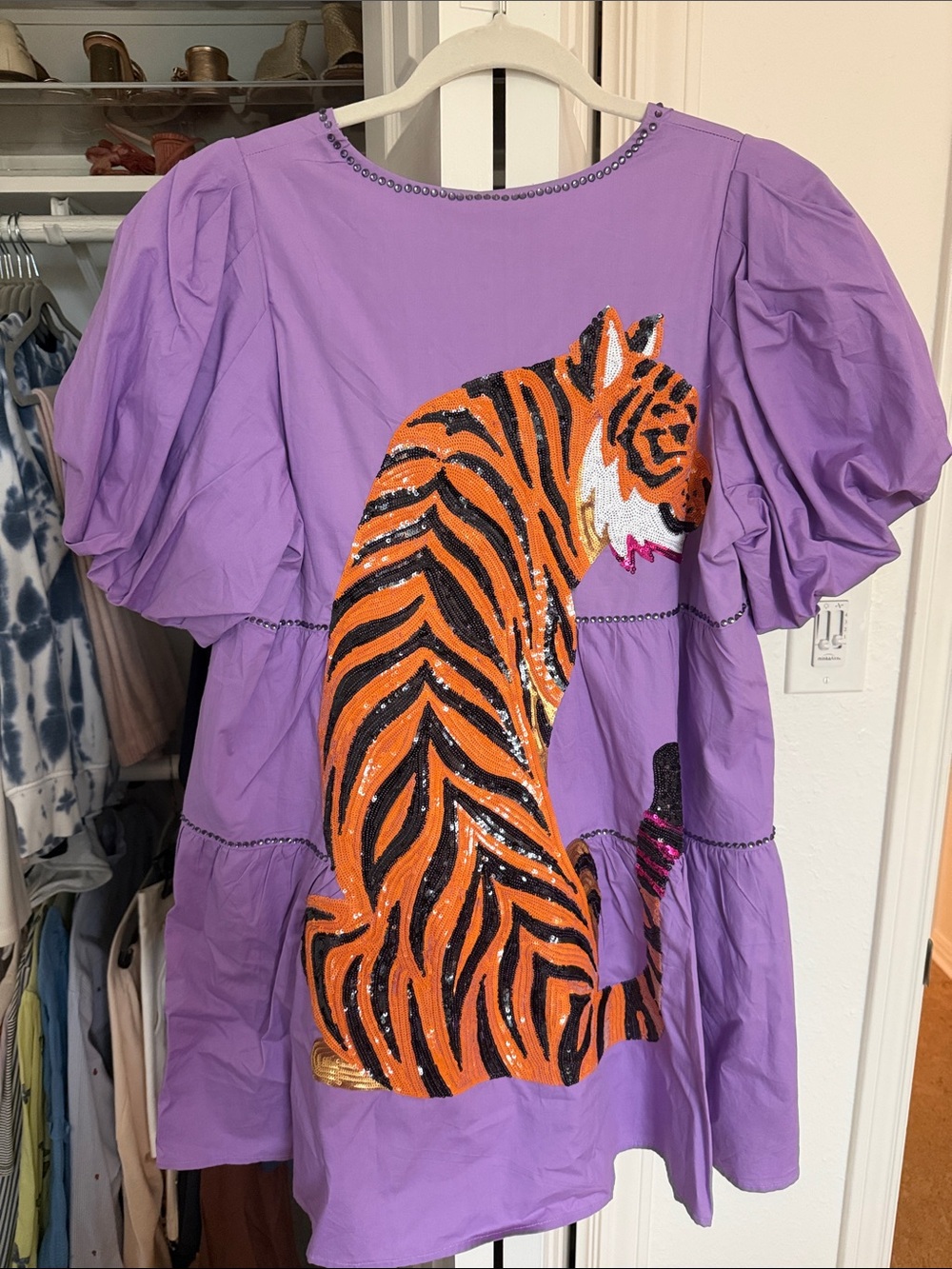 Tularosa Lavender Puff-Sleeve Dress with Sequin Tiger Appliqué